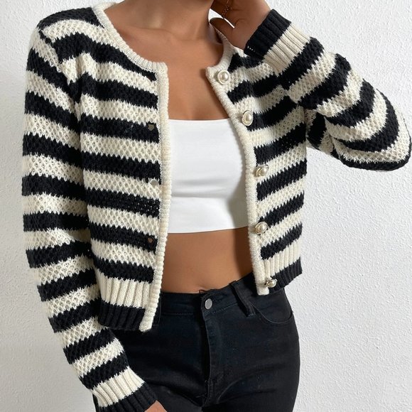 Black And White Boho Womens Striped Pattern Button Front Cardigan - Picture 3 of 5